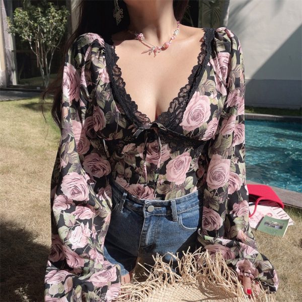 French Vintage Floral V-Neck Lantern Sleeve Blouse - Handmade Spring/Summer 2025, Waist-Cinched Vacation Top