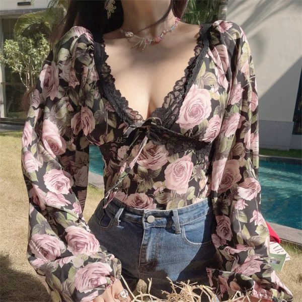 French Vintage Floral V-Neck Lantern Sleeve Blouse - Handmade Spring/Summer 2025, Waist-Cinched Vacation Top