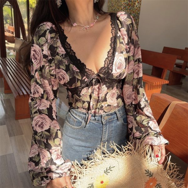 French Vintage Floral V-Neck Lantern Sleeve Blouse - Handmade Spring/Summer 2025, Waist-Cinched Vacation Top