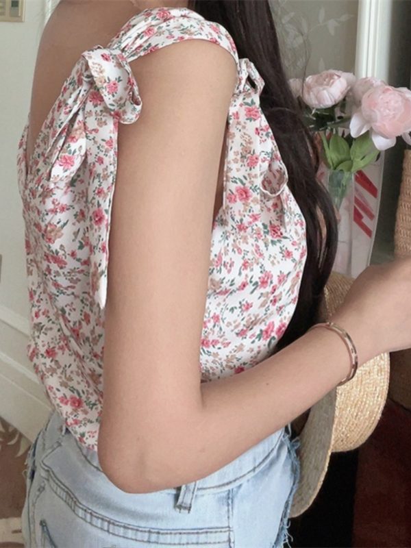 French Vintage Floral V-Neck Tie-Up Sleeveless Shirt Top for Vacation - 2025 Spring/Summer Romantic Style