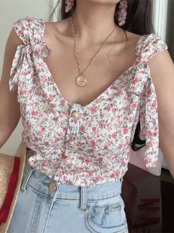 French Vintage Floral V-Neck Tie-Up Sleeveless Shirt Top for Vacation - 2025 Spring/Summer Romantic Style