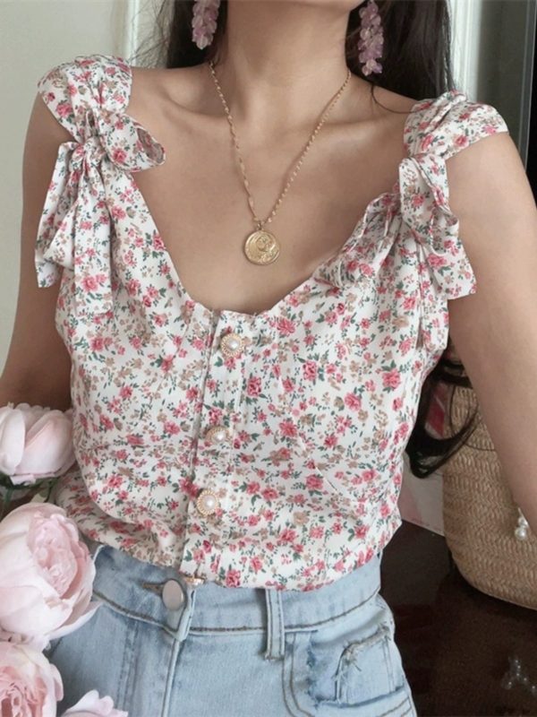 French Vintage Floral V-Neck Tie-Up Sleeveless Shirt Top for Vacation - 2025 Spring/Summer Romantic Style