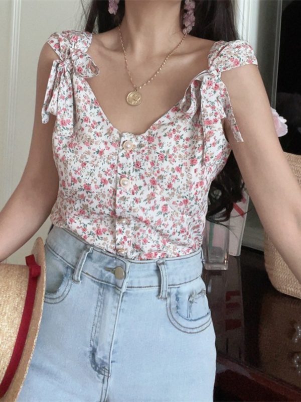 French Vintage Floral V-Neck Tie-Up Sleeveless Shirt Top for Vacation - 2025 Spring/Summer Romantic Style