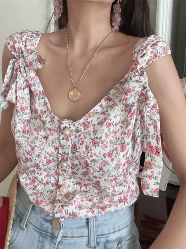French Vintage Floral V-Neck Tie-Up Sleeveless Shirt Top for Vacation - 2025 Spring/Summer Romantic Style