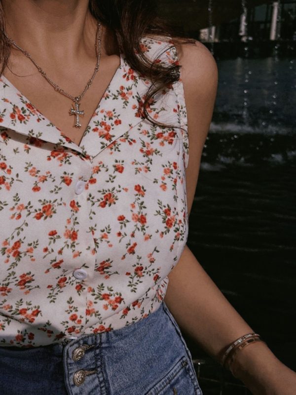 French Vintage Floral Waist-Defining Slim Fit Sleeveless Shirt Top for Women - 2025 Spring/Summer Fashion