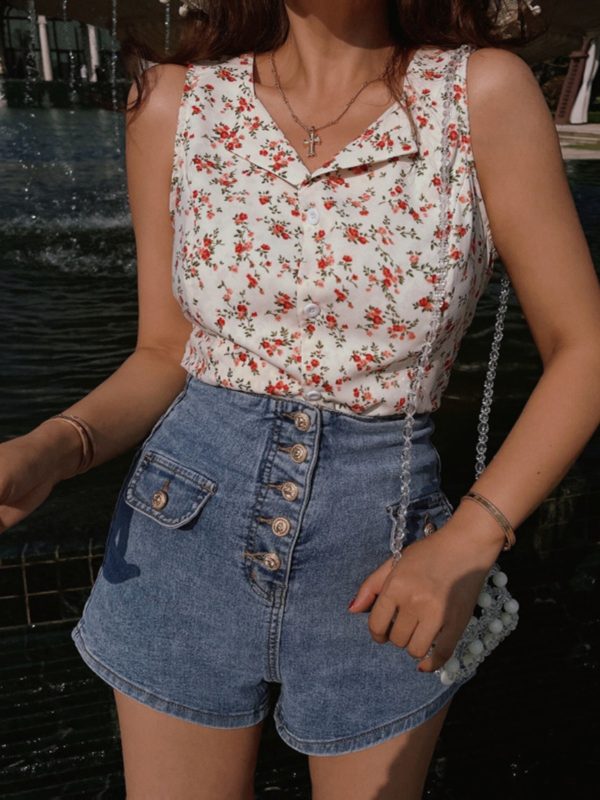 French Vintage Floral Waist-Defining Slim Fit Sleeveless Shirt Top for Women - 2025 Spring/Summer Fashion