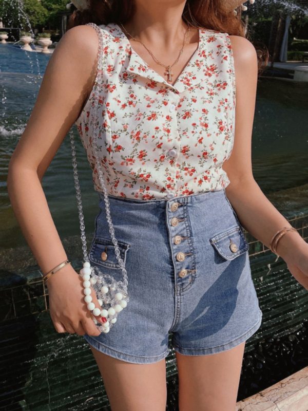 French Vintage Floral Waist-Defining Slim Fit Sleeveless Shirt Top for Women - 2025 Spring/Summer Fashion