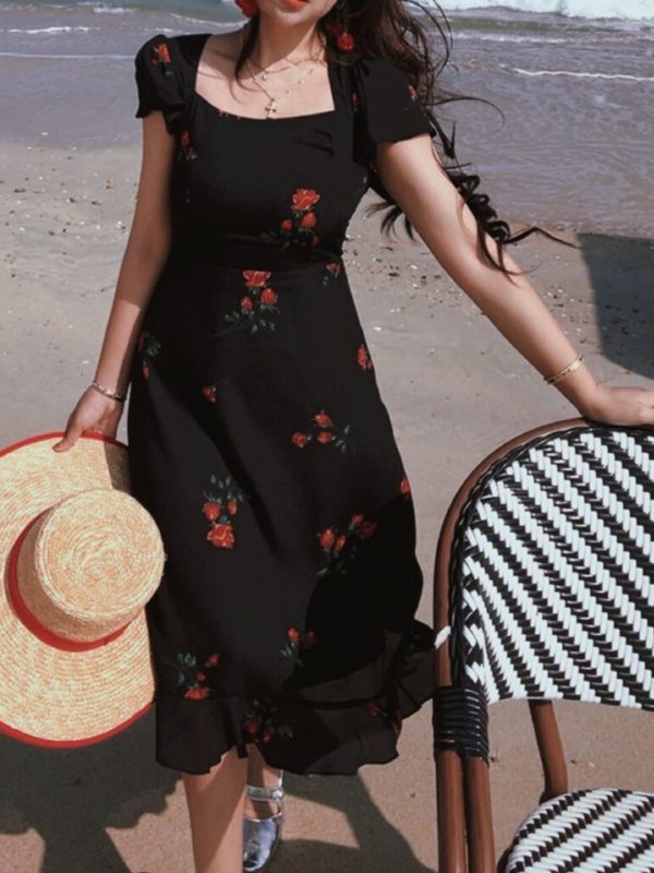 French Vintage Flowy Sleeve Black Waist-Cinching Bodycon Long Dress for Women - 2024 Spring/Summer Vacation Style