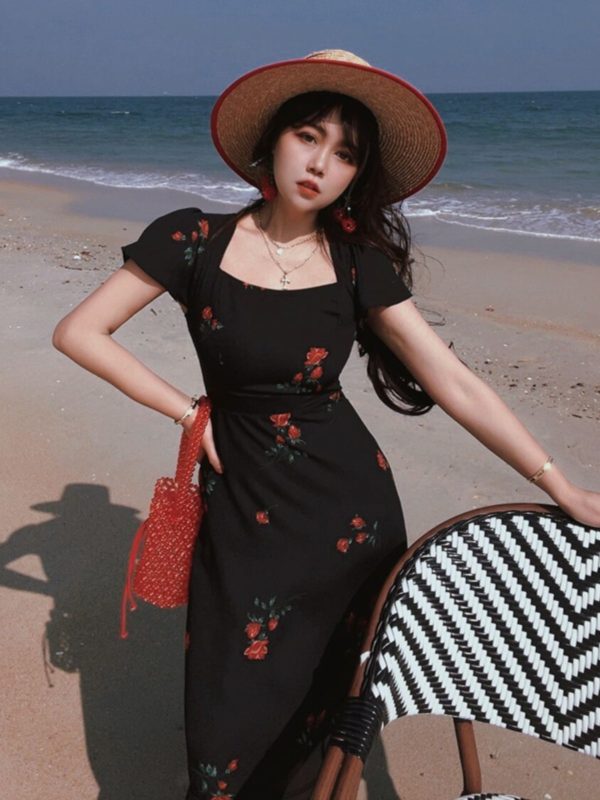 French Vintage Flowy Sleeve Black Waist-Cinching Bodycon Long Dress for Women - 2024 Spring/Summer Vacation Style