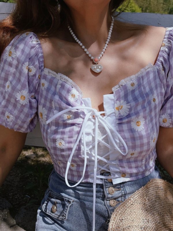 French Vintage Front Tie Daisy Print Square Neck Puff Sleeve Shirt Top for Spring/Summer 2025 - Chic 90s Inspired Fashion