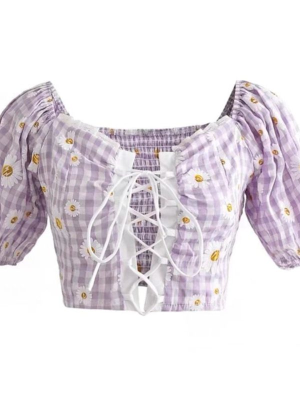 French Vintage Front Tie Daisy Print Square Neck Puff Sleeve Shirt Top for Spring/Summer 2025 - Chic 90s Inspired Fashion