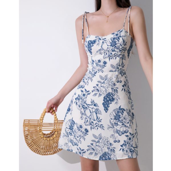 French Vintage Fruit Print Lace-Up Camisole Dress - High-Waisted Slimming A-Line Skirt for Vacation Style