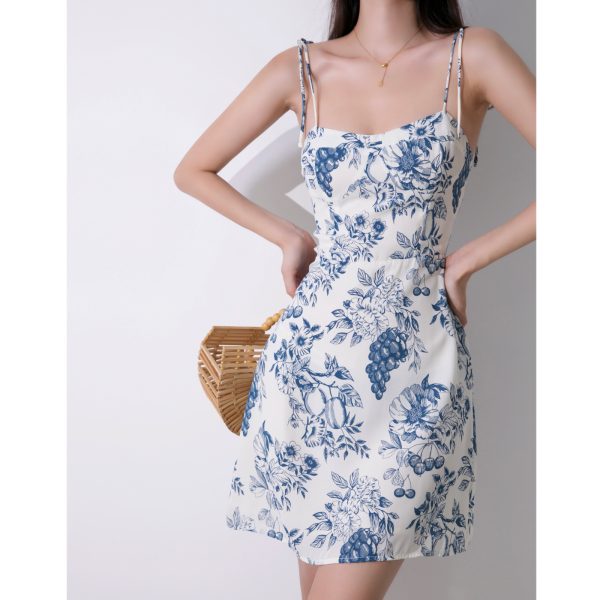 French Vintage Fruit Print Lace-Up Camisole Dress - High-Waisted Slimming A-Line Skirt for Vacation Style