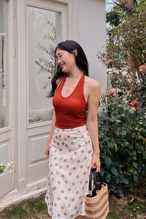 French Vintage Halter Neck Backless Crop Top for Women â€“ Summer Sexy Vest with Chest Pad, Y2K Style
