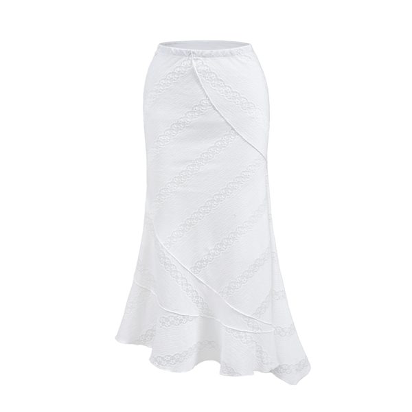 French Vintage Lace Mermaid Skirt with Irregular Hem - White Long Skirt for Boho and Y2K Style