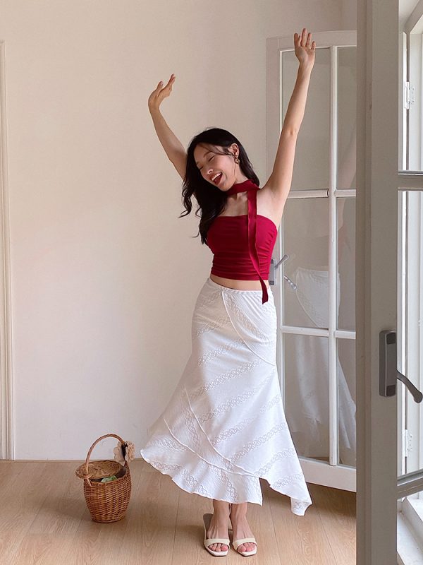 French Vintage Lace Mermaid Skirt with Irregular Hem - White Long Skirt for Boho and Y2K Style