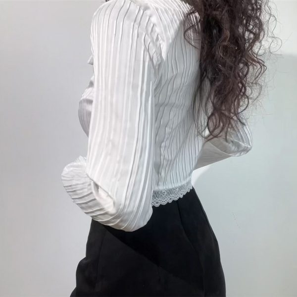 French Vintage Lace Trim High-Waisted Short Long Sleeve Shirt Top in Pure White - Cute Sweet Style for 90s Inspired Looks