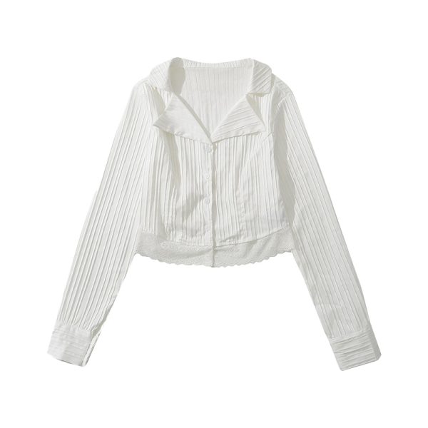 French Vintage Lace Trim High-Waisted Short Long Sleeve Shirt Top in Pure White - Cute Sweet Style for 90s Inspired Looks