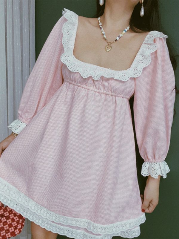French Vintage Lace Trim Square Neck Vacation Dress - Chenopod Sweet Powder Moonlight 2025 Spring/Summer, Y2K Style