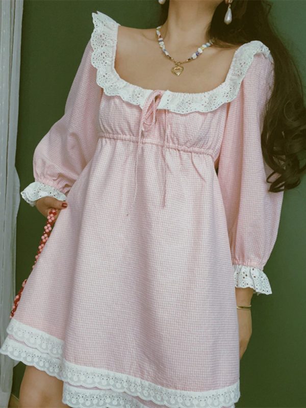 French Vintage Lace Trim Square Neck Vacation Dress - Chenopod Sweet Powder Moonlight 2025 Spring/Summer, Y2K Style