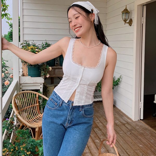 French Vintage Lace Vest Top - White Slim-Fit Sexy Design, Versatile Short Style for Y2K and 90s Fashion