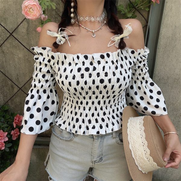 French Vintage One-Shoulder Big Polka Dot Bell Sleeve Blouse - Handmade Spring/Summer Vacation Top for Women