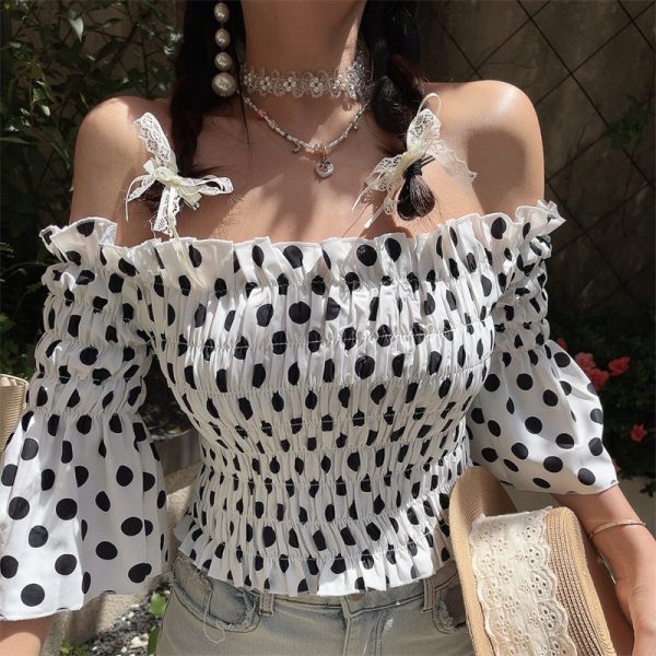 French Vintage One-Shoulder Big Polka Dot Bell Sleeve Blouse - Handmade Spring/Summer Vacation Top for Women