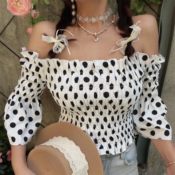 French Vintage One-Shoulder Big Polka Dot Bell Sleeve Blouse - Handmade Spring/Summer Vacation Top for Women