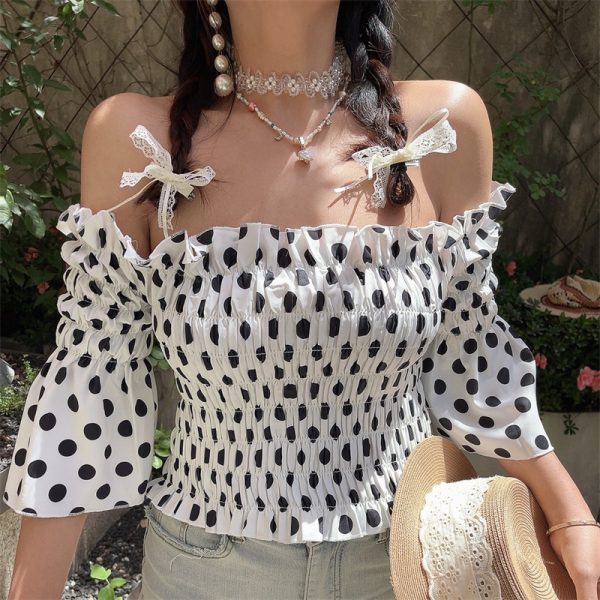 French Vintage One-Shoulder Big Polka Dot Bell Sleeve Blouse - Handmade Spring/Summer Vacation Top for Women