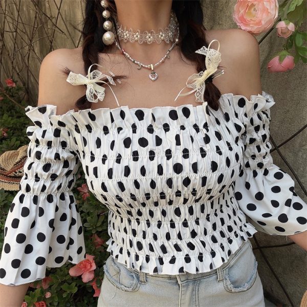 French Vintage One-Shoulder Big Polka Dot Bell Sleeve Blouse - Handmade Spring/Summer Vacation Top for Women