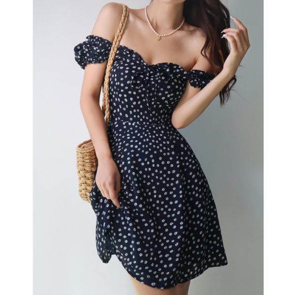 French Vintage One-Shoulder Floral Dress for Women - Summer Dark Blue Fitted A-Line Waist-Cinching Slimming Style