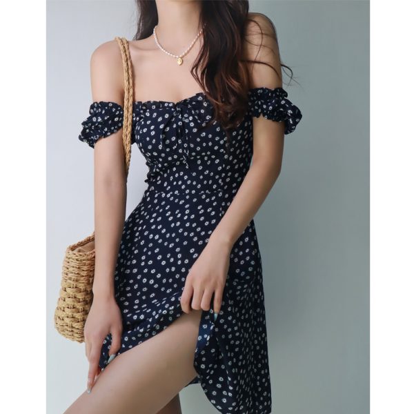 French Vintage One-Shoulder Floral Dress for Women - Summer Dark Blue Fitted A-Line Waist-Cinching Slimming Style
