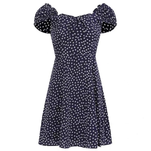 French Vintage One-Shoulder Floral Dress for Women - Summer Dark Blue Fitted A-Line Waist-Cinching Slimming Style