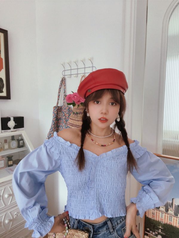 French Vintage One-Shoulder Lantern Sleeve Waist-Defined Short Blue Shirt Top - Early Autumn 2024 Fashion