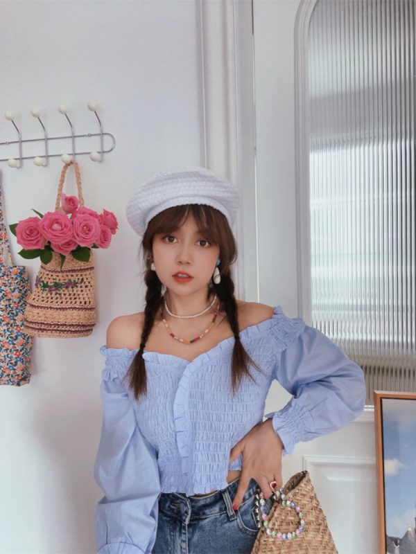 French Vintage One-Shoulder Lantern Sleeve Waist-Defined Short Blue Shirt Top - Early Autumn 2024 Fashion
