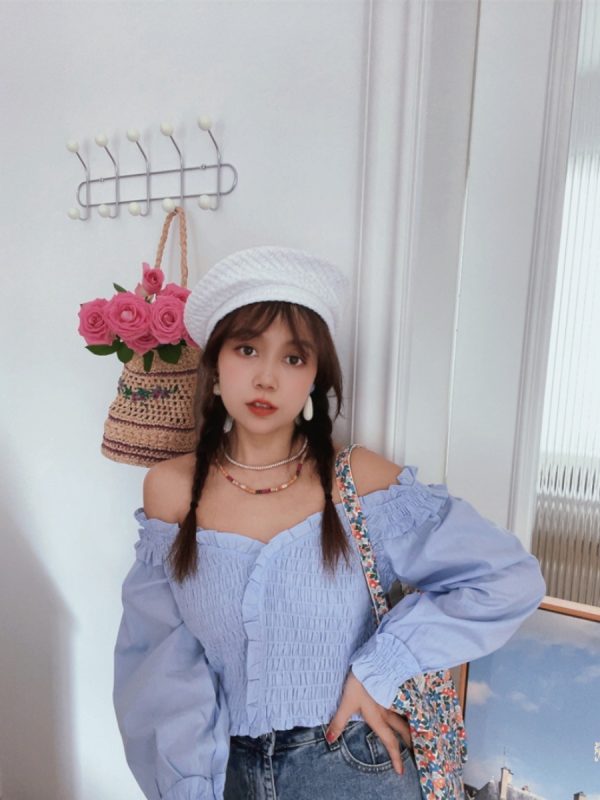 French Vintage One-Shoulder Lantern Sleeve Waist-Defined Short Blue Shirt Top - Early Autumn 2024 Fashion