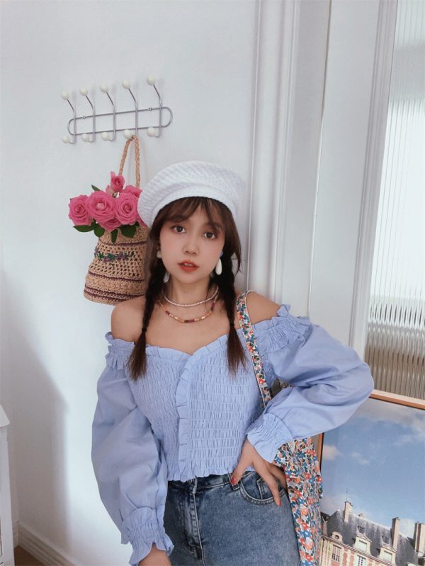 French Vintage One-Shoulder Lantern Sleeve Waist-Defined Short Blue Shirt Top - Early Autumn 2024 Fashion