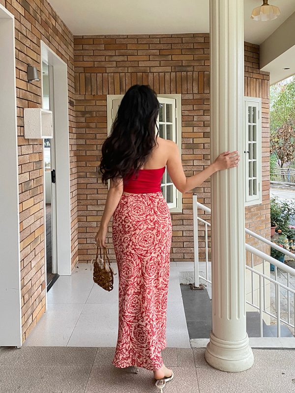 French Vintage Printed Midi Skirt in Bright Red - Vacation Style Long Wrap Skirt for Effortless 90s Chic