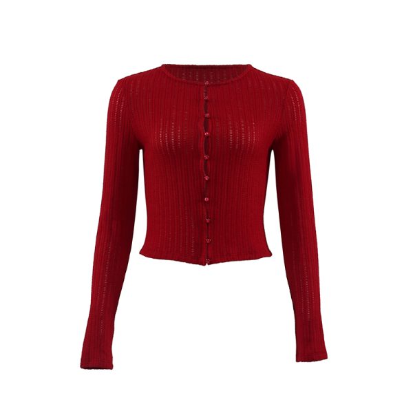 French Vintage Red Hollow Knit Cardigan for Women - Slim Fit, Flattering Round Neck, Long Sleeve - Stylish 90s Inspired Top