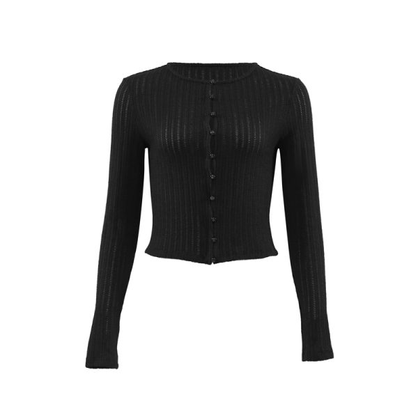 French Vintage Red Hollow Knit Cardigan for Women - Slim Fit, Flattering Round Neck, Long Sleeve - Stylish 90s Inspired Top