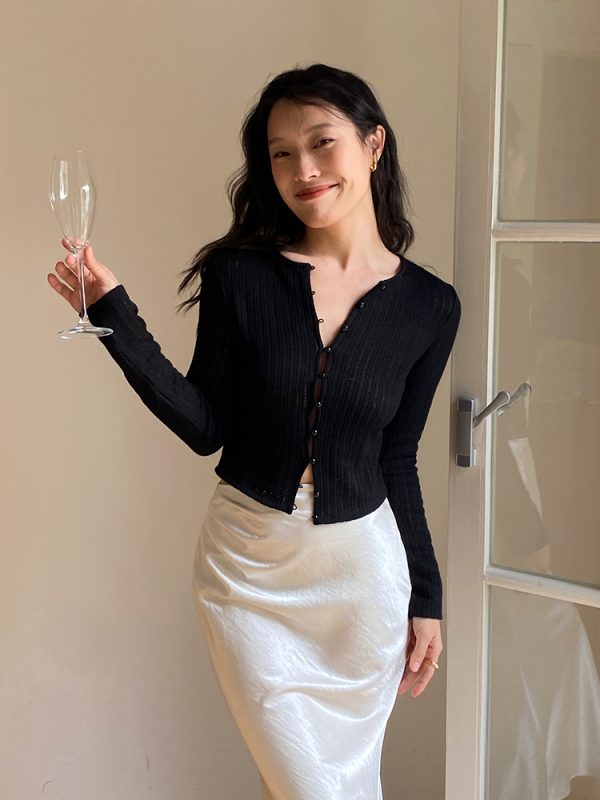 French Vintage Red Hollow Knit Cardigan for Women - Slim Fit, Flattering Round Neck, Long Sleeve - Stylish 90s Inspired Top