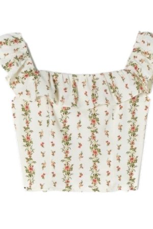 French Vintage Ruffled Square Neck Floral Camisole Top for Women - Spring/Summer 2022, Y2K Floral Fashion, Chic Summer Style
