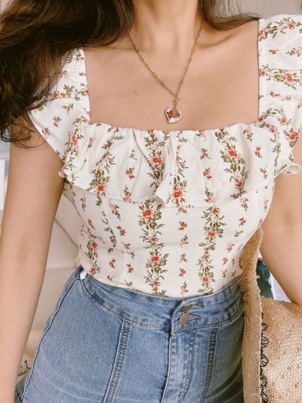 French Vintage Ruffled Square Neck Floral Camisole Top for Women - Spring/Summer 2022, Y2K Floral Fashion, Chic Summer Style