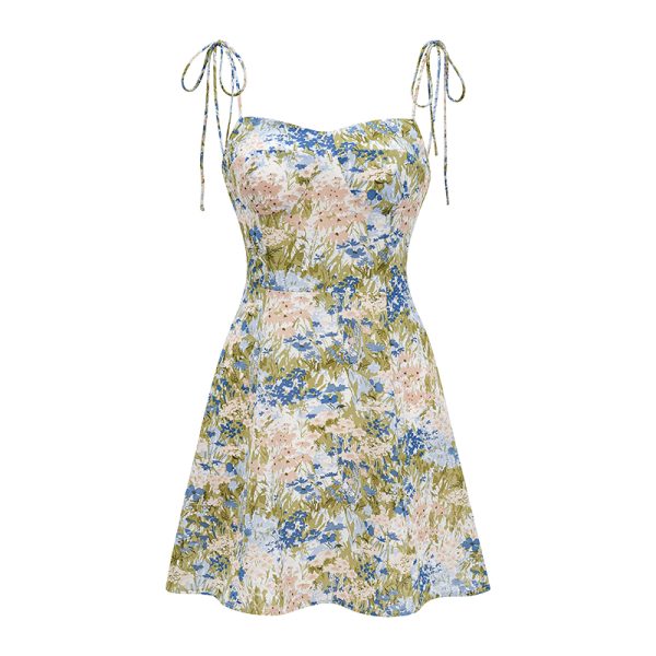 French Vintage Shoulder Tie Printed Slip Dress for Women - Summer A-Line Beach Dress with Slim Waist, Short Skirt, Y2K Style