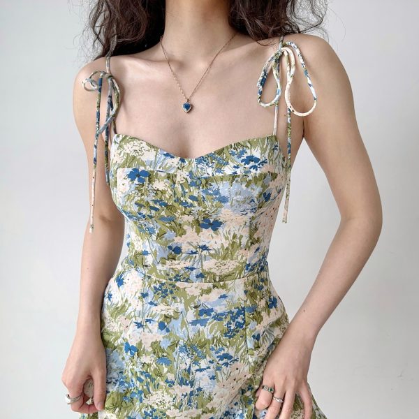French Vintage Shoulder Tie Printed Slip Dress for Women - Summer A-Line Beach Dress with Slim Waist, Short Skirt, Y2K Style