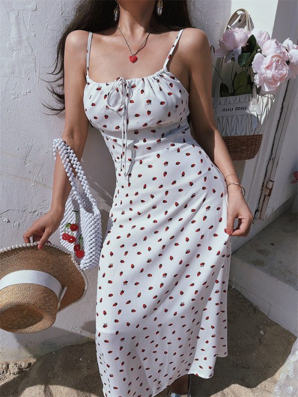 French Vintage Small Strawberry Floral Tie Waist Slip Dress - 2024 Spring Collection, Perfect for Vacation and Y2K Style
