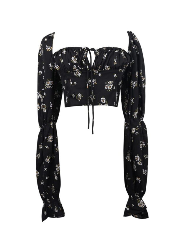 French Vintage Square Neck Lantern Sleeve Waist-Defined Short Vacation Shirt for Women - 2025 Spring/Summer Fashion