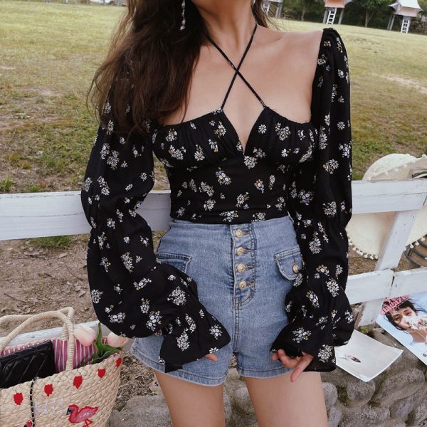 French Vintage Square Neck Lantern Sleeve Waist-Defined Short Vacation Shirt for Women - 2025 Spring/Summer Fashion