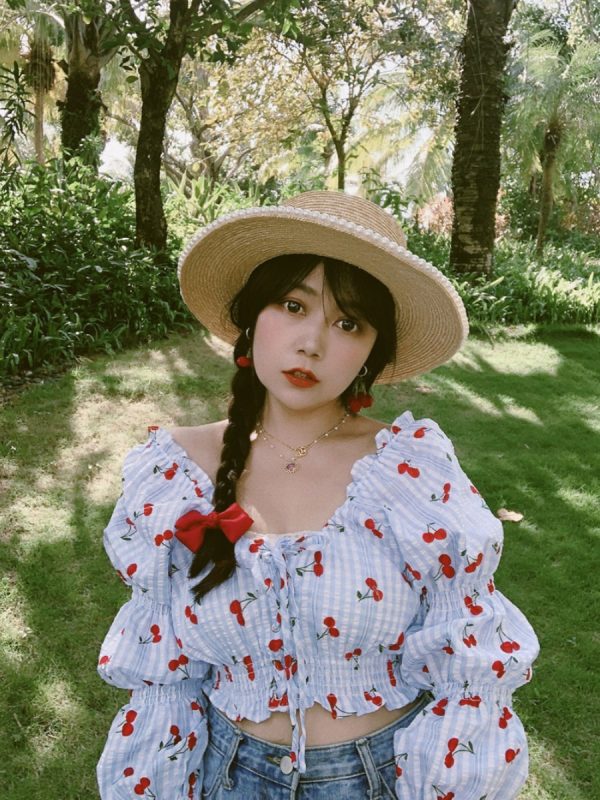 French Vintage Square Neck Puff Sleeve Drawstring Short Crop Top - 2025 Spring/Summer Fashion, Y2K Inspired, Chic Style