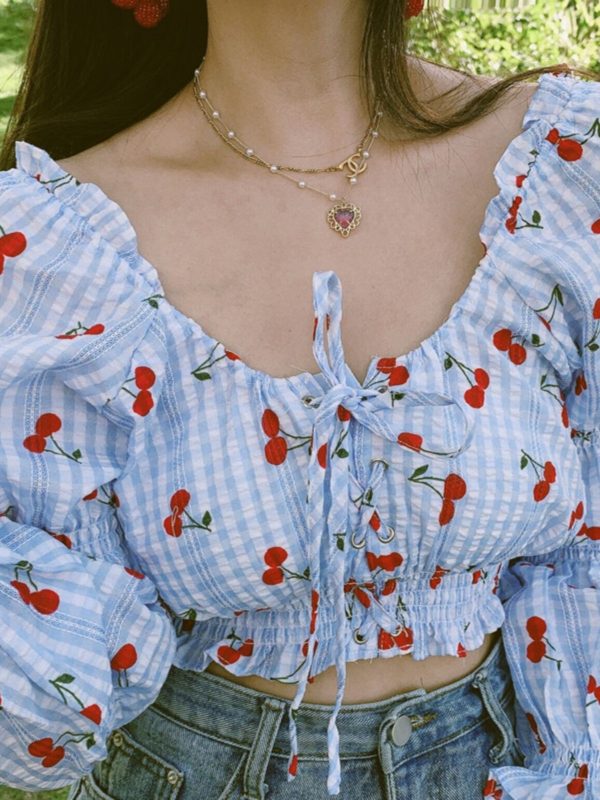 French Vintage Square Neck Puff Sleeve Drawstring Short Crop Top - 2025 Spring/Summer Fashion, Y2K Inspired, Chic Style